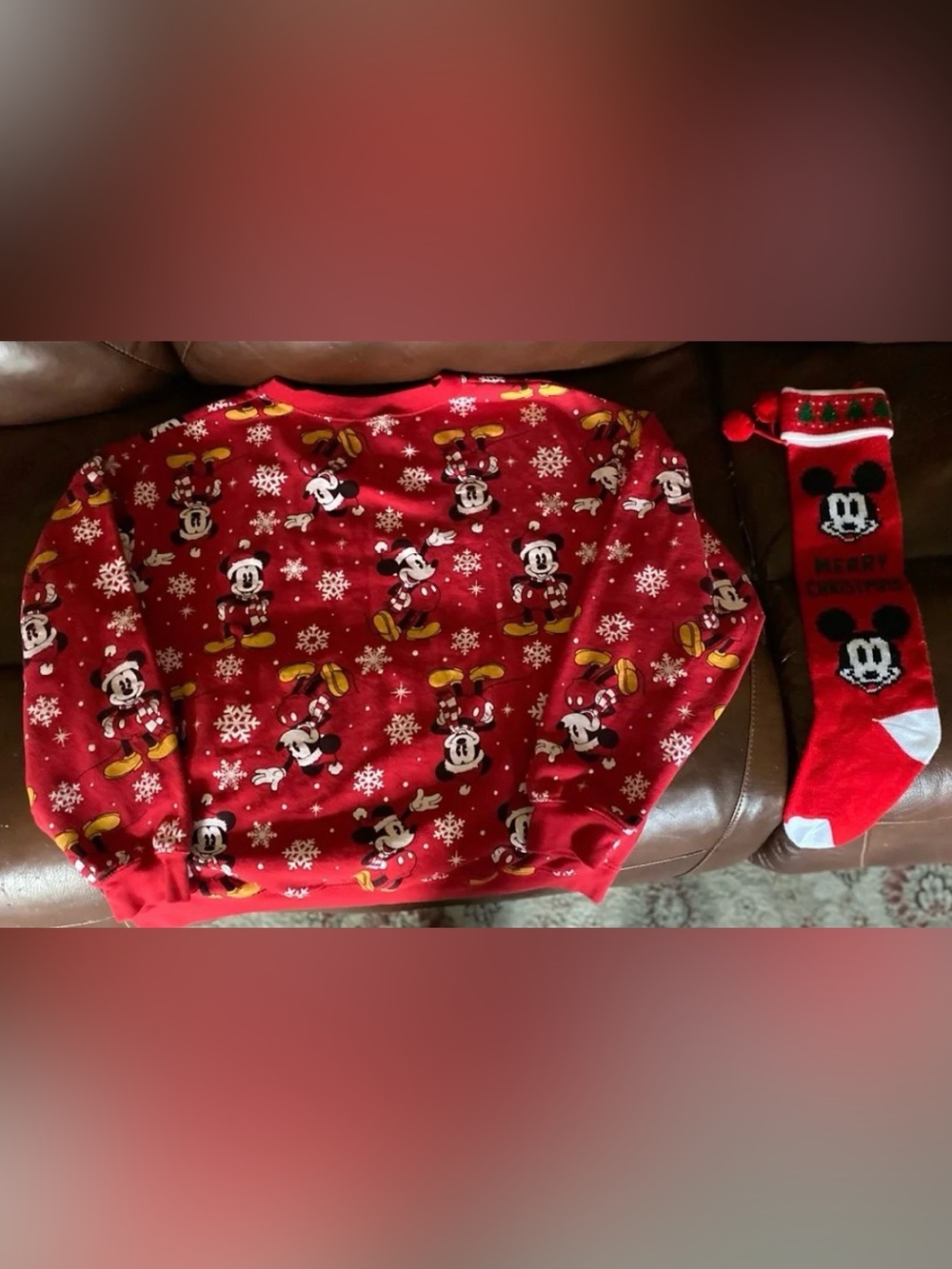Mickey Mouse SET Unisex Juniors Printed Snowflake Holiday Sweatshirt & Stocking